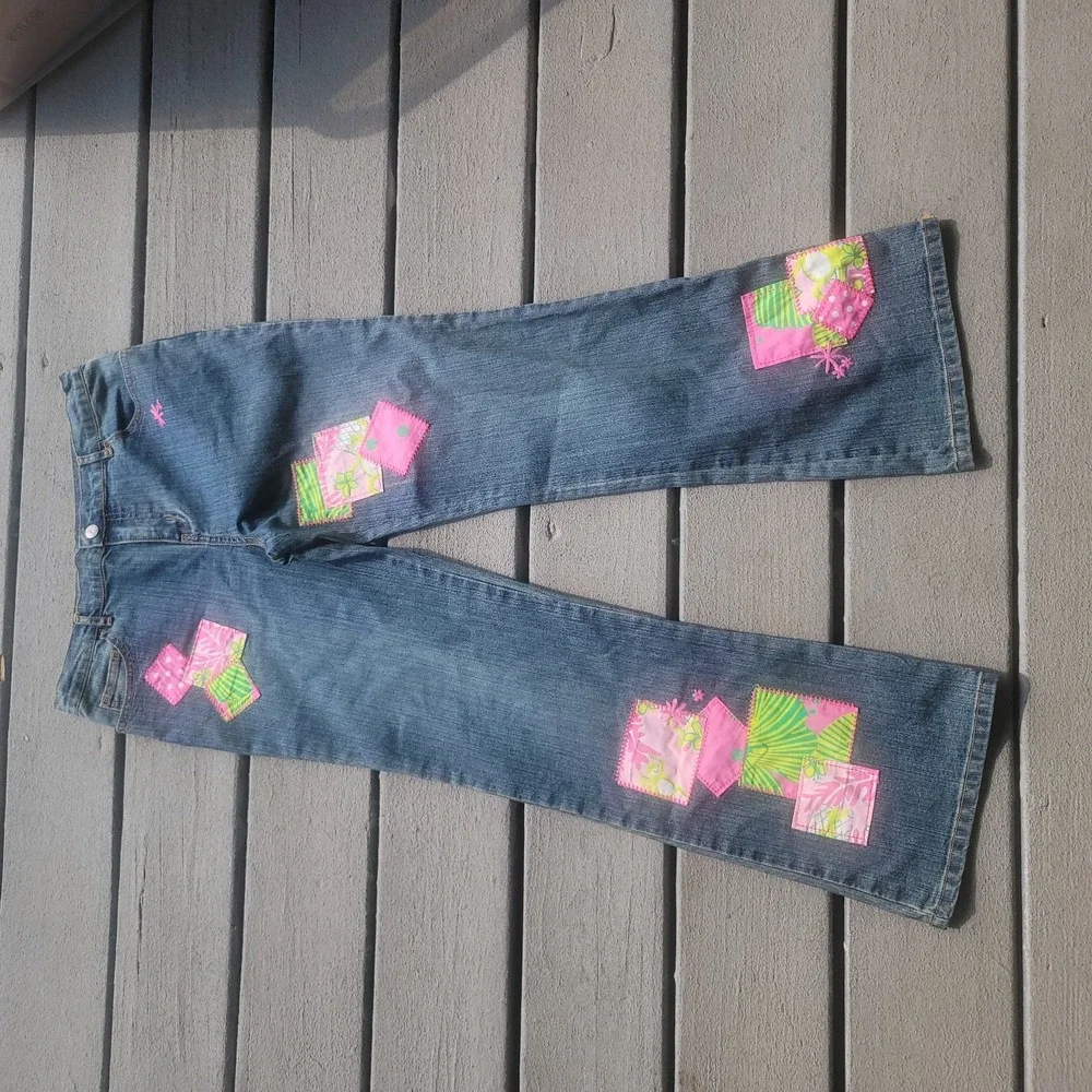 RARE Lilly Pulitzer Little Girl's Fabric Patchwork Embroidered Jeans 14 EUC
